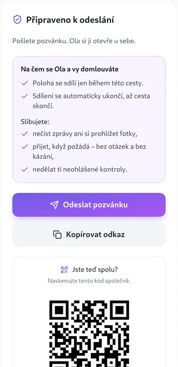 Panel rodiče: obrazovka „Připraveno k odeslání“ se sliby rodiče, tlačítkem pro odeslání a QR kódem