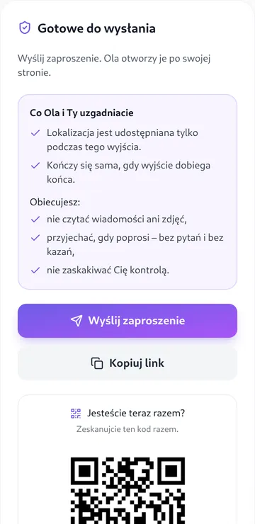 Panel rodzica: ekran „Gotowe do wysłania” z obietnicami rodzica, przyciskiem wysyłki i kodem QR