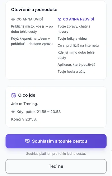 Stránka Paktu v telefonu dítěte: seznam „co uvidí“ a „co neuvidí“ a tlačítka souhlasu a odmítnutí