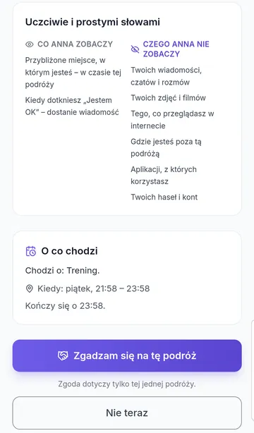 Strona Paktu na telefonie dziecka: lista „co zobaczy” i „czego nie zobaczy” oraz przyciski zgody i odmowy